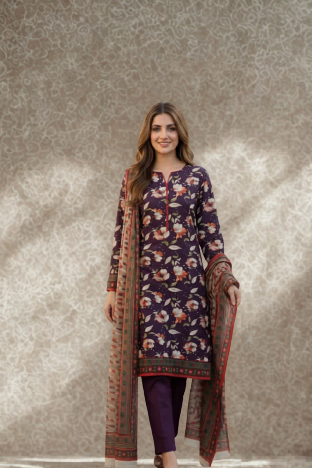 S&S Deep Purple Floral Lawn Suit – Unstitched 3 Piece | Saya & Sara