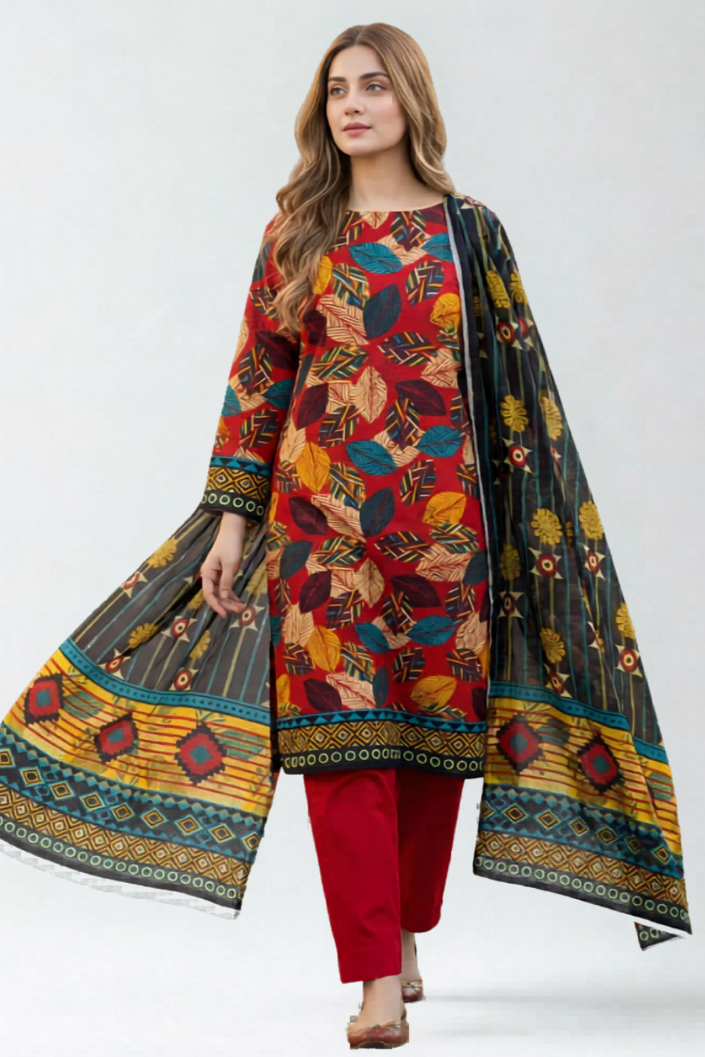 S&S Vibrant Red Botanical Magic Print Lawn Suit – Unstitched 3 Piece | Saya & Sara