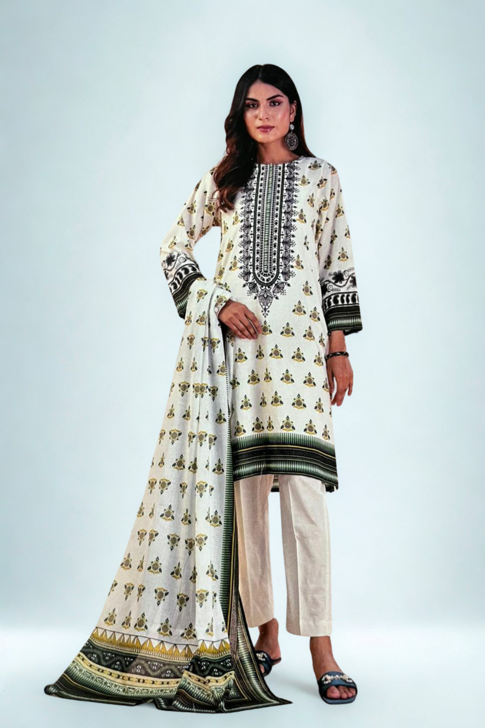 S&S Off-White & Black Printed Lawn Suit – Unstitched 3 Piece | Saya & Sara