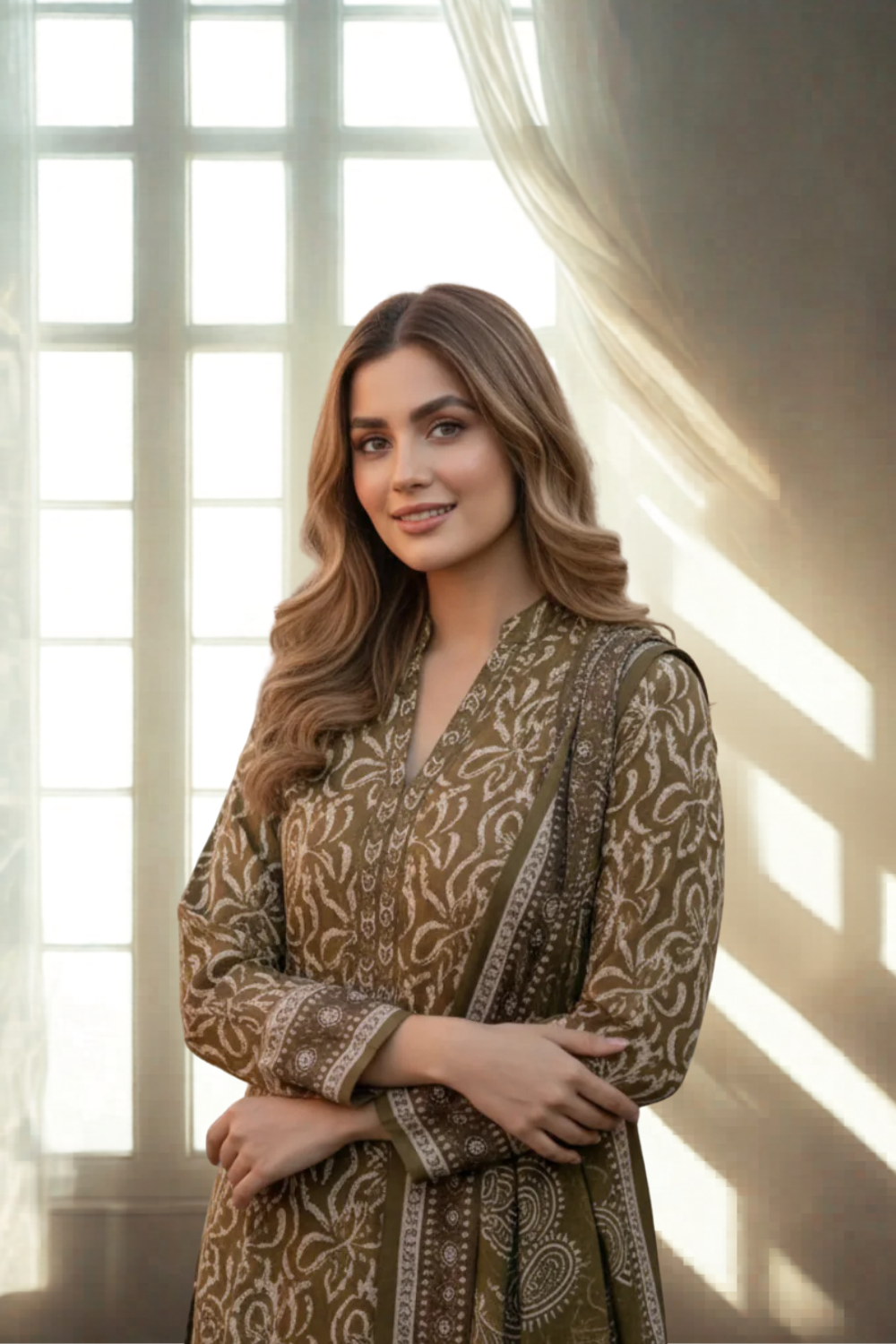 S&S Mehandi Green Floral Magic Print Lawn Suit – Unstitched 3 Piece | Saya & Sara