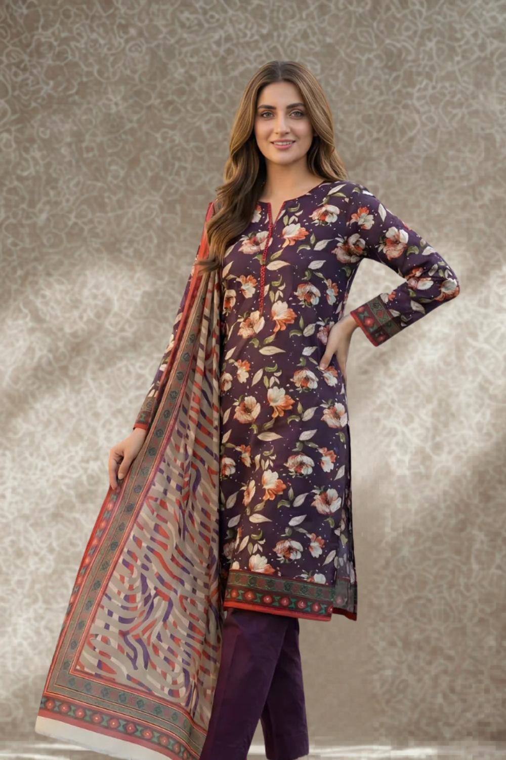 S&S Deep Purple Floral Lawn Suit – Unstitched 3 Piece | Saya & Sara