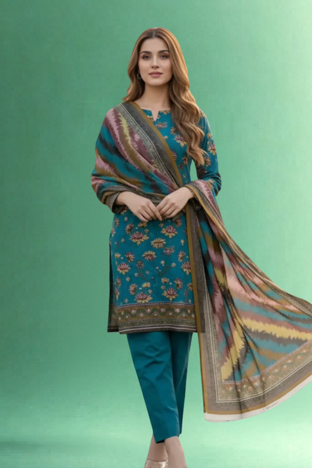 S&S Zink Teal Floral Magic Print Lawn Suit – Unstitched 3 Piece | Saya & Sara