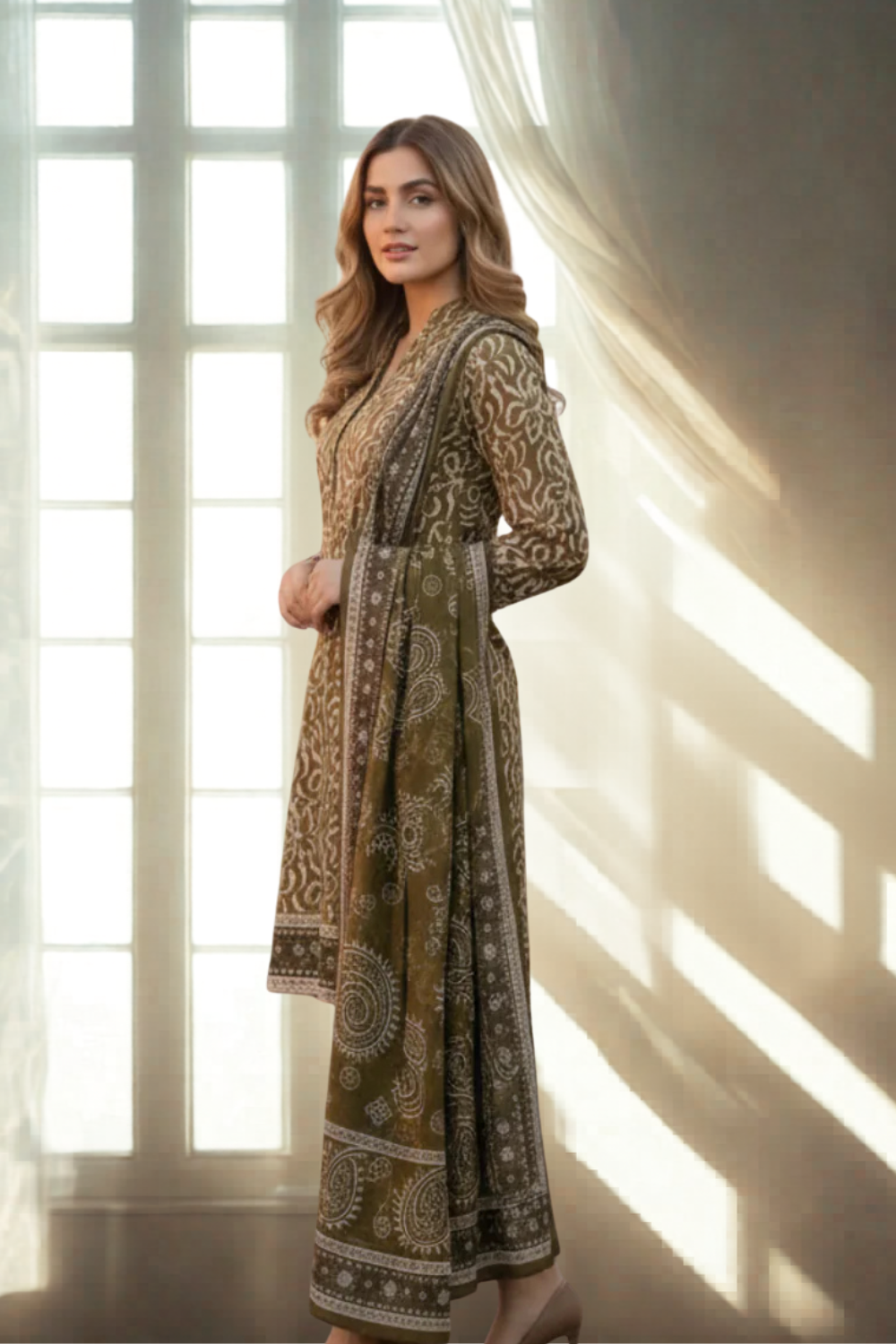 S&S Mehandi Green Floral Magic Print Lawn Suit – Unstitched 3 Piece | Saya & Sara