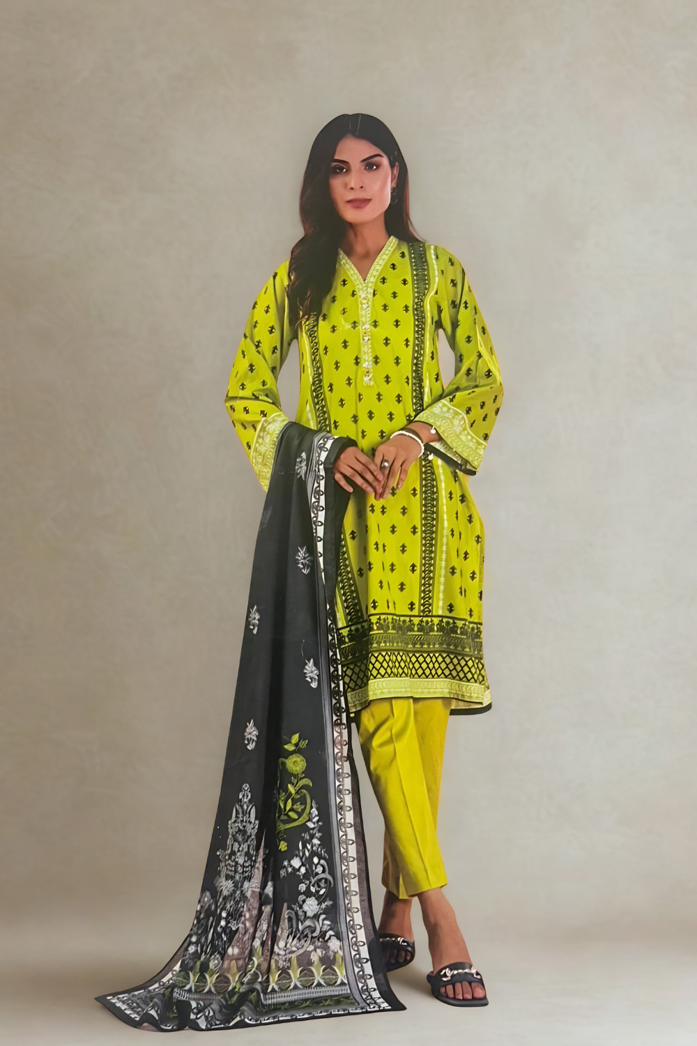 S&S Lime Green & Black Printed Lawn Suit – Unstitched 3 Piece | Saya & Sara