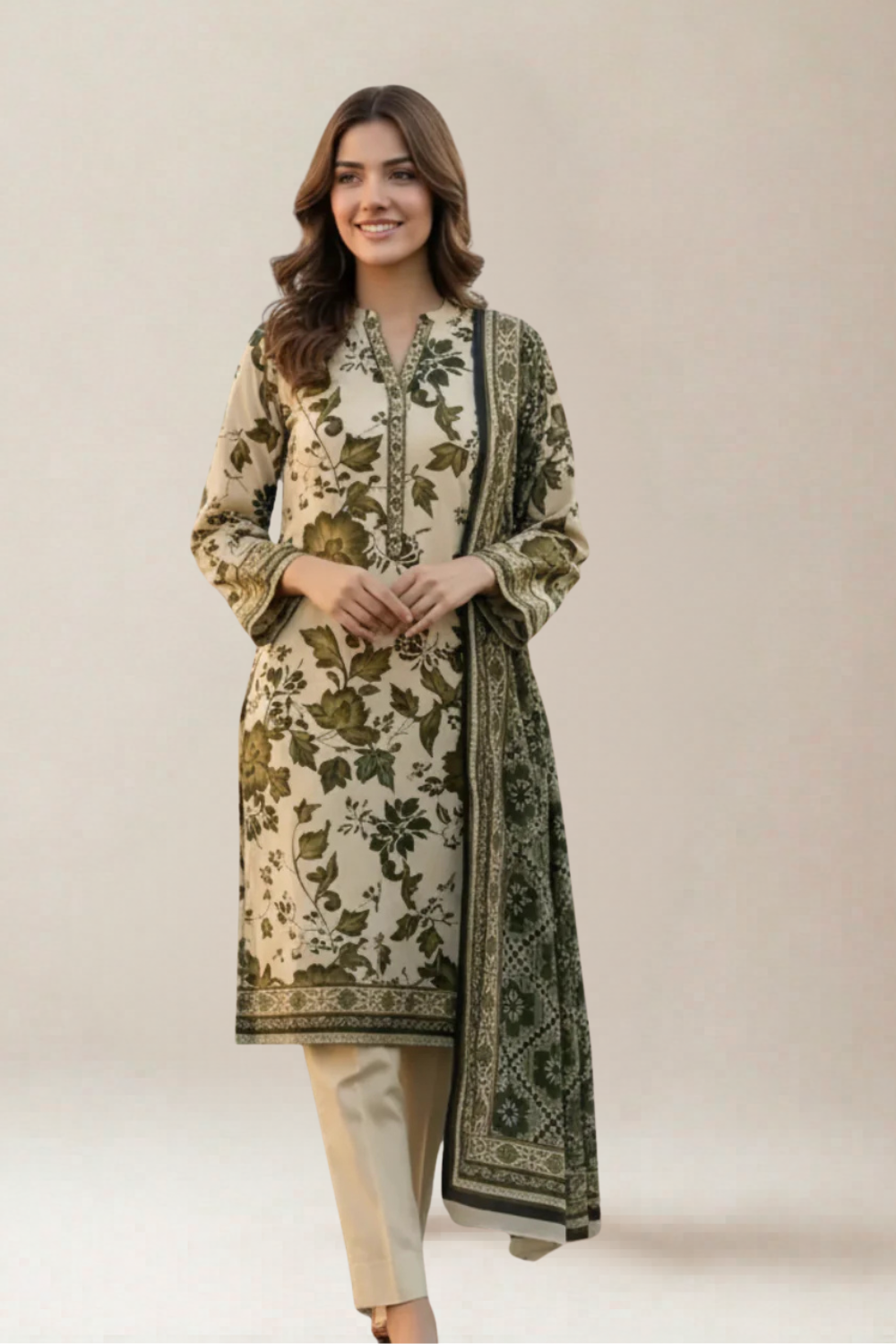 S&S Cream Botanical Magic Print Lawn Suit – Unstitched 3 Piece | Saya & Sara
