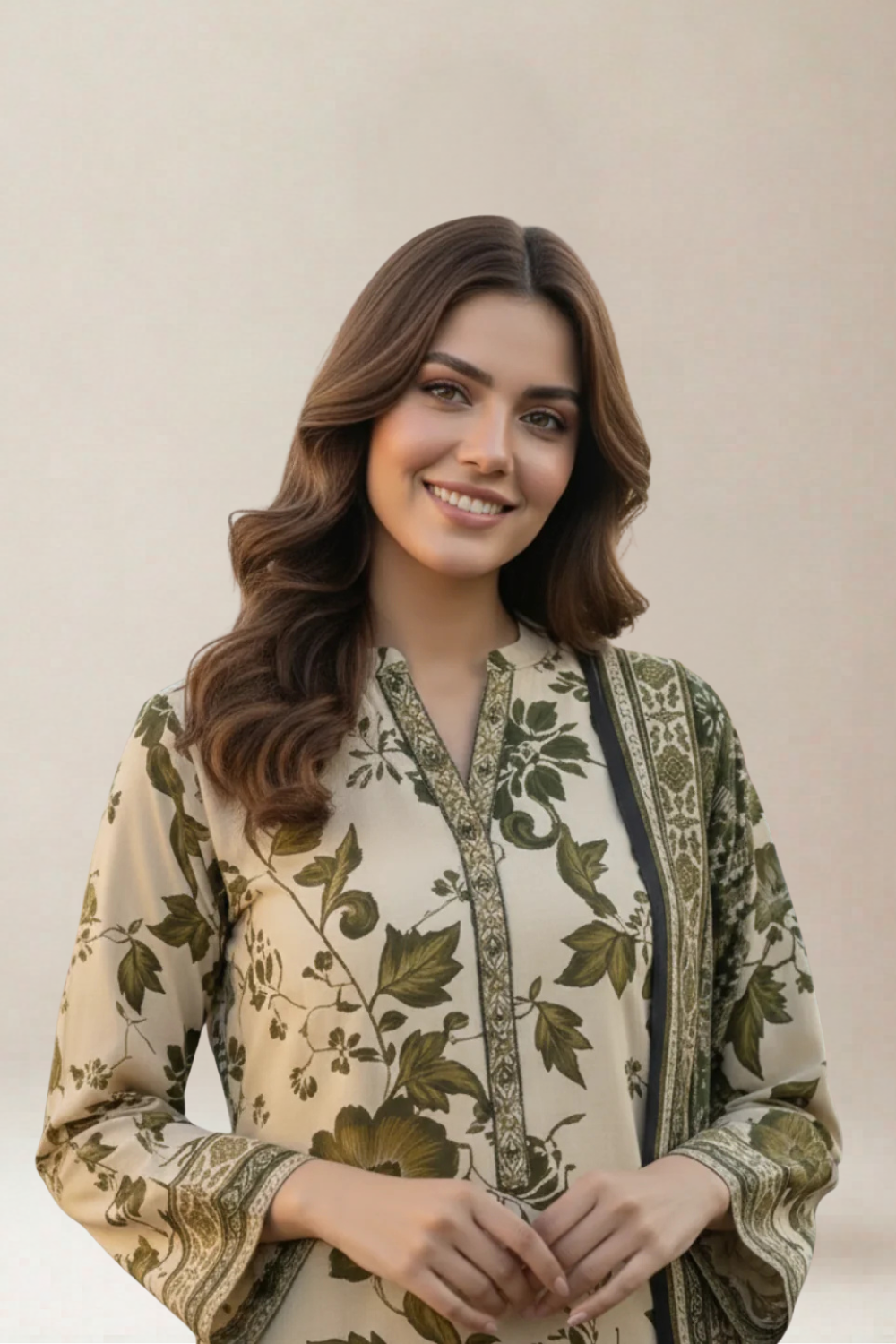 S&S Cream Botanical Magic Print Lawn Suit – Unstitched 3 Piece | Saya & Sara