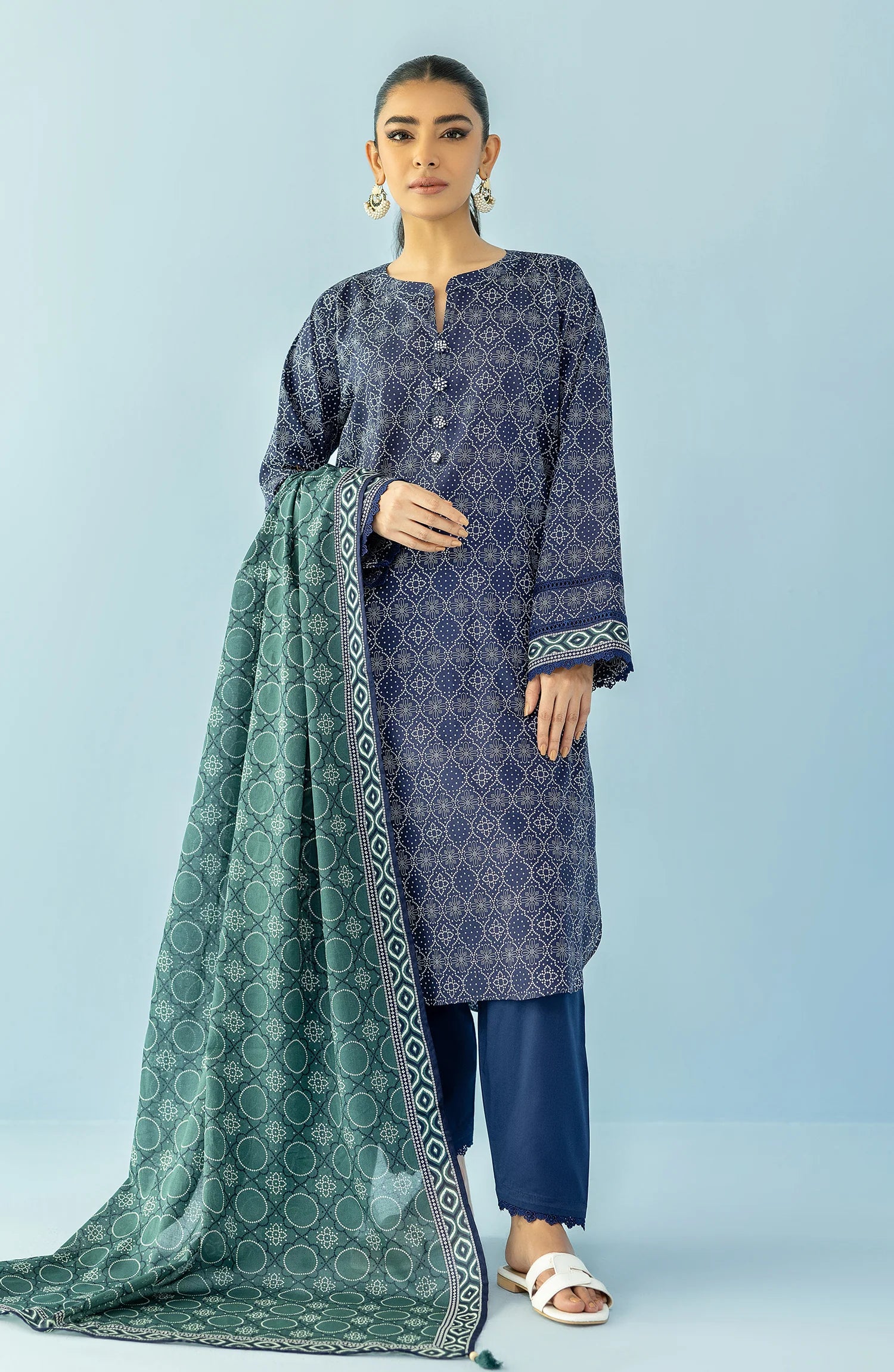 S&S Classic Blue Printed Lawn Suit – Unstitched 3 Piece | Saya & Sara