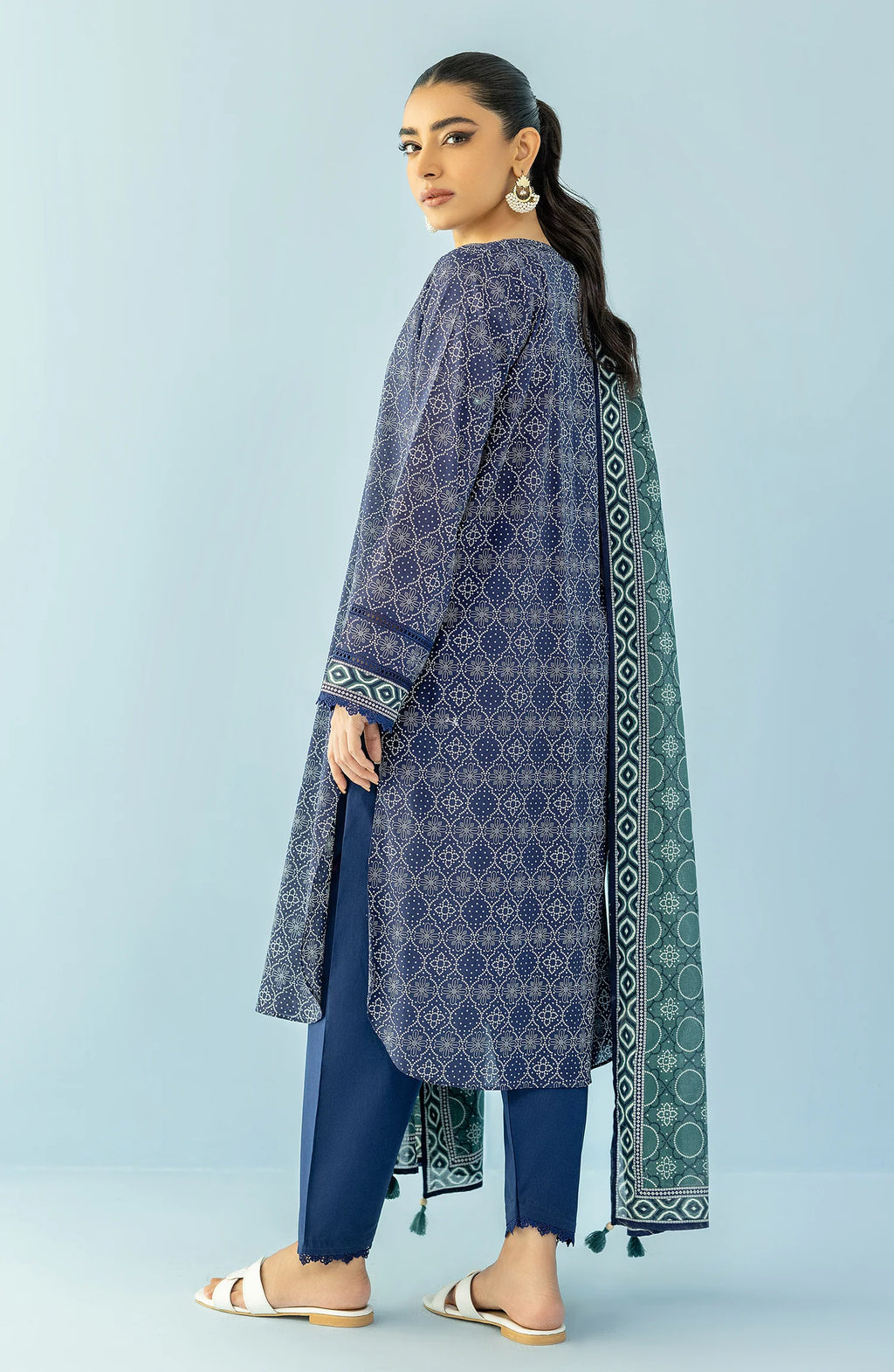 S&S Classic Blue Printed Lawn Suit – Unstitched 3 Piece | Saya & Sara